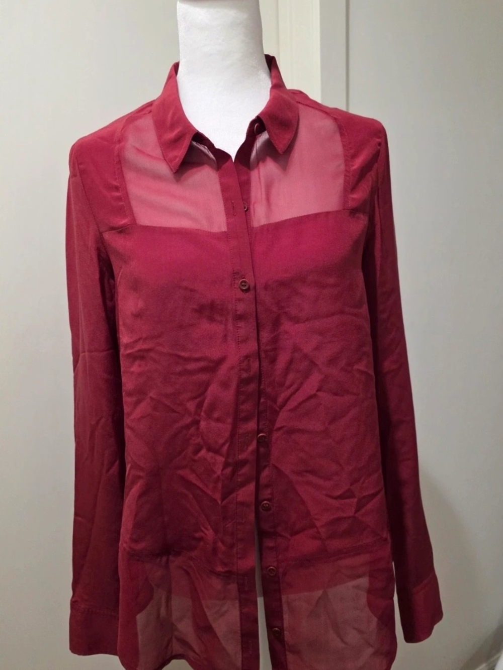 Trouve Sheer-Panel Button Down Blouse - Wine